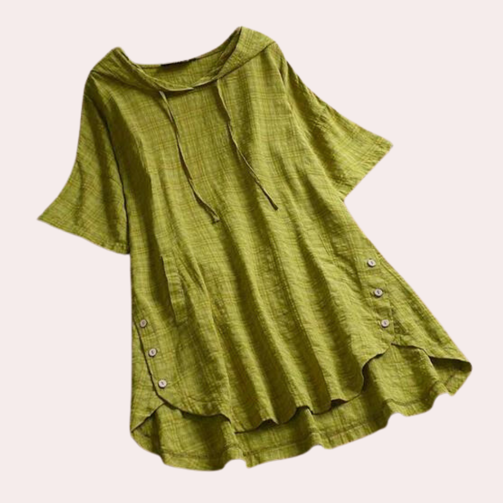 Women's Tunic Top - Loose Fit - Cowl Neck with Drawstring - Short Sleeve - Lightweight