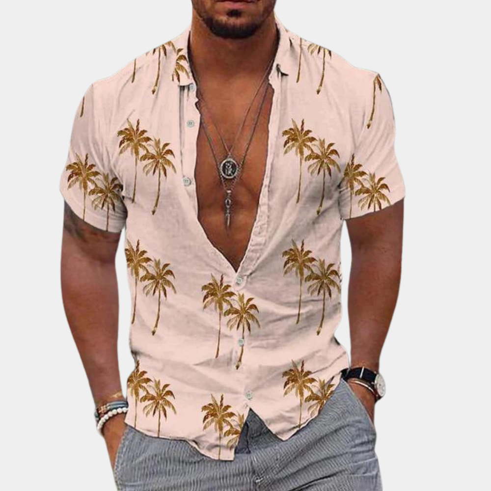 Men’s Button-Up Shirt - Relaxed Fit - Short Sleeve - Tropical Palm Print Casual Wear