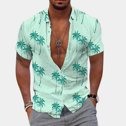 Men’s Button-Up Shirt - Relaxed Fit - Short Sleeve - Tropical Palm Print Casual Wear