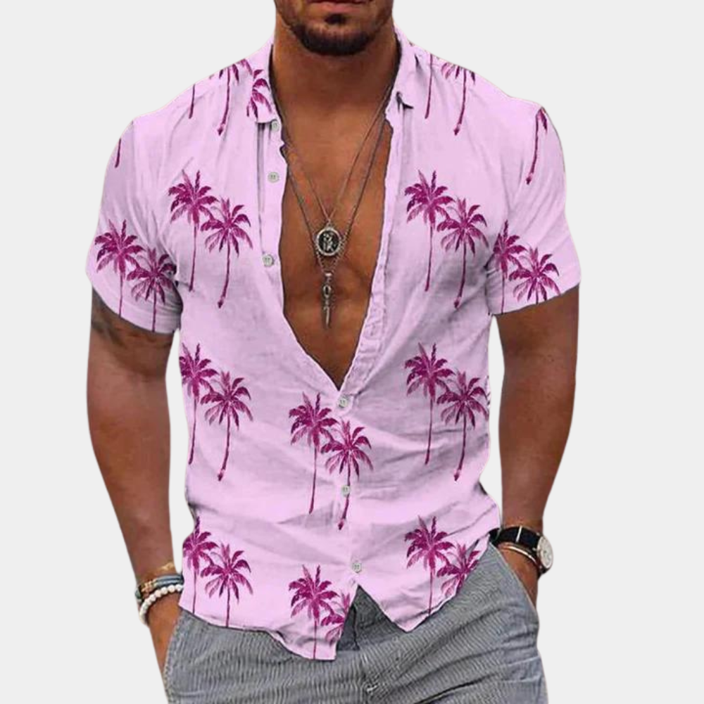 Men’s Button-Up Shirt - Relaxed Fit - Short Sleeve - Tropical Palm Print Casual Wear