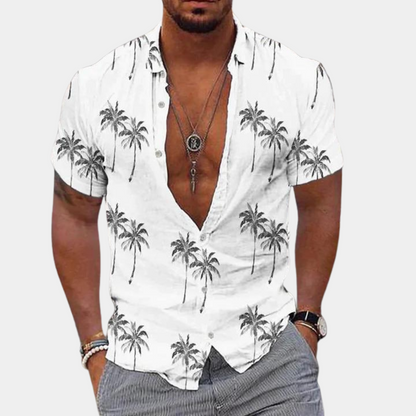 Men’s Button-Up Shirt - Relaxed Fit - Short Sleeve - Tropical Palm Print Casual Wear