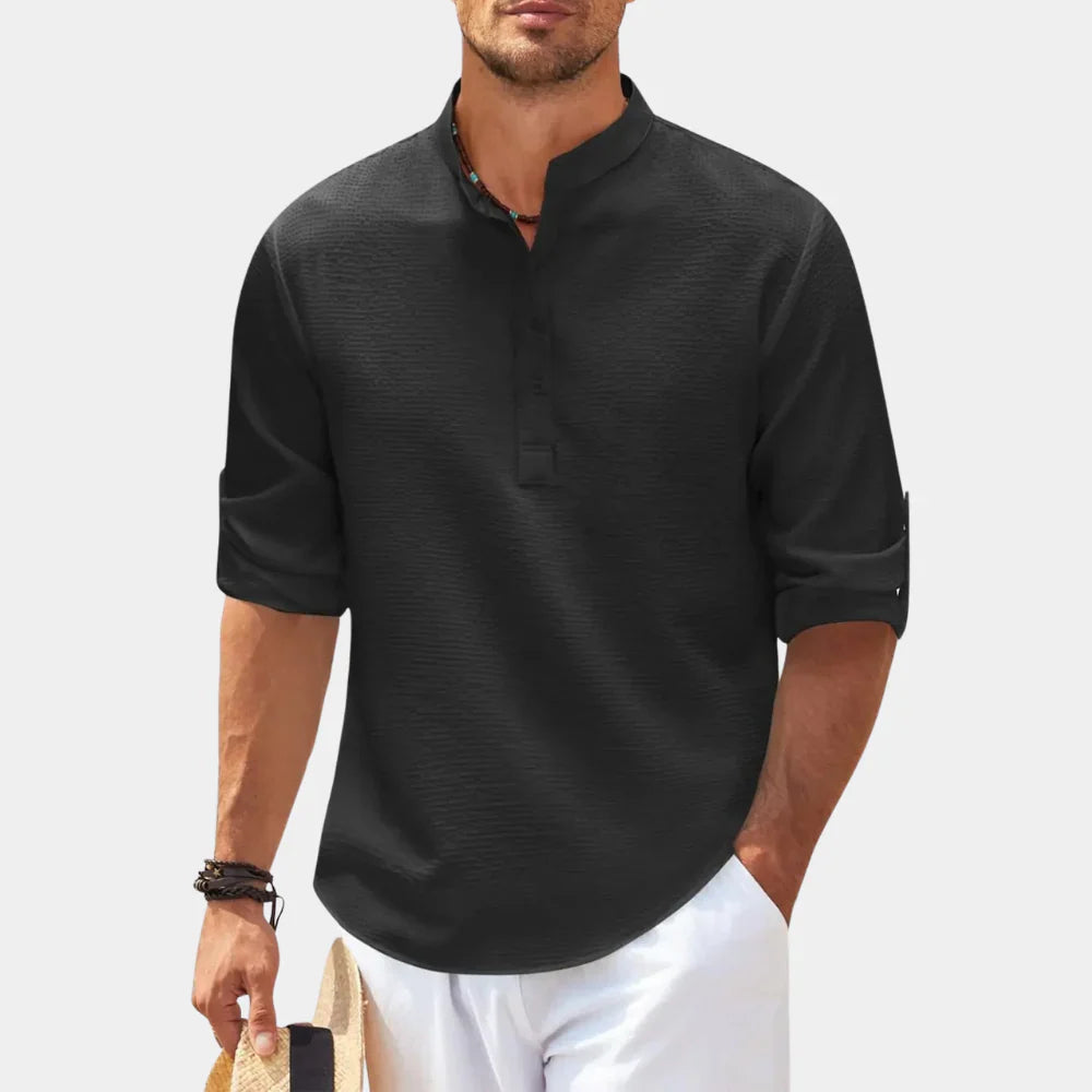 Men’s Casual Shirt – Relaxed Fit – Mandarin Collar – Rolled Sleeves – Natural Fibers