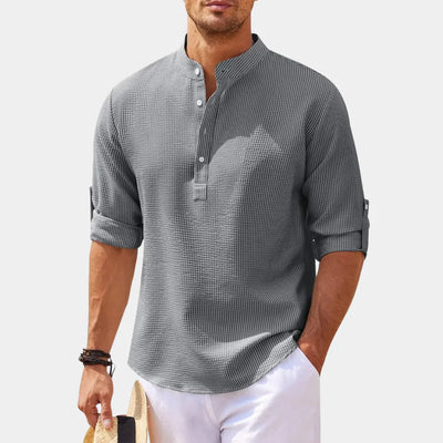 Men’s Casual Shirt – Relaxed Fit – Mandarin Collar – Rolled Sleeves – Natural Fibers