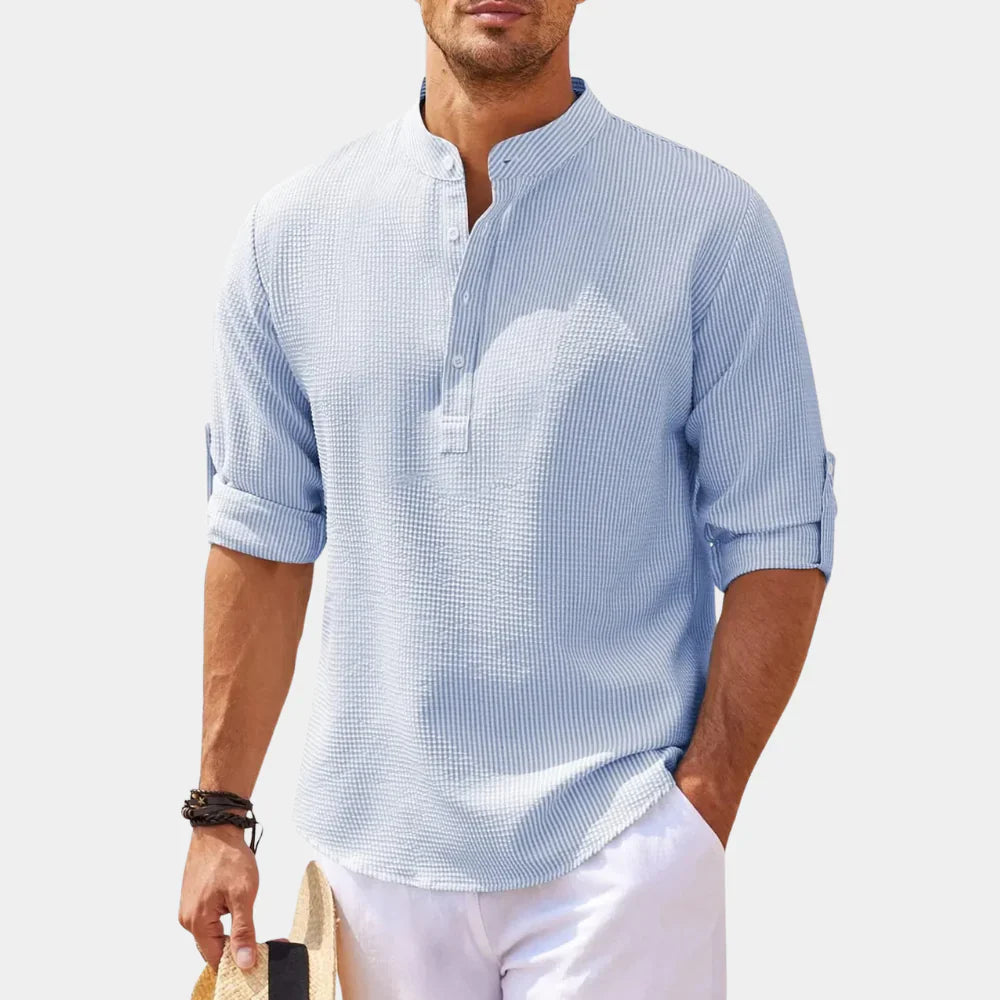 Men’s Casual Shirt – Relaxed Fit – Mandarin Collar – Rolled Sleeves – Natural Fibers