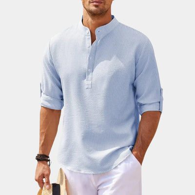 Men’s Casual Shirt – Relaxed Fit – Mandarin Collar – Rolled Sleeves – Natural Fibers