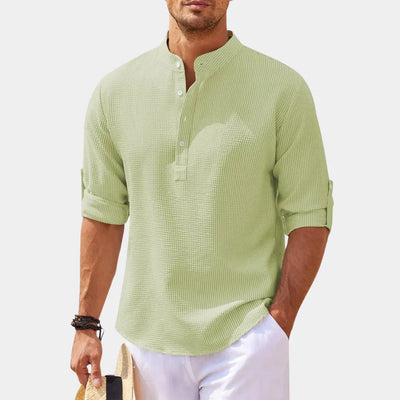 Men’s Casual Shirt – Relaxed Fit – Mandarin Collar – Rolled Sleeves – Natural Fibers