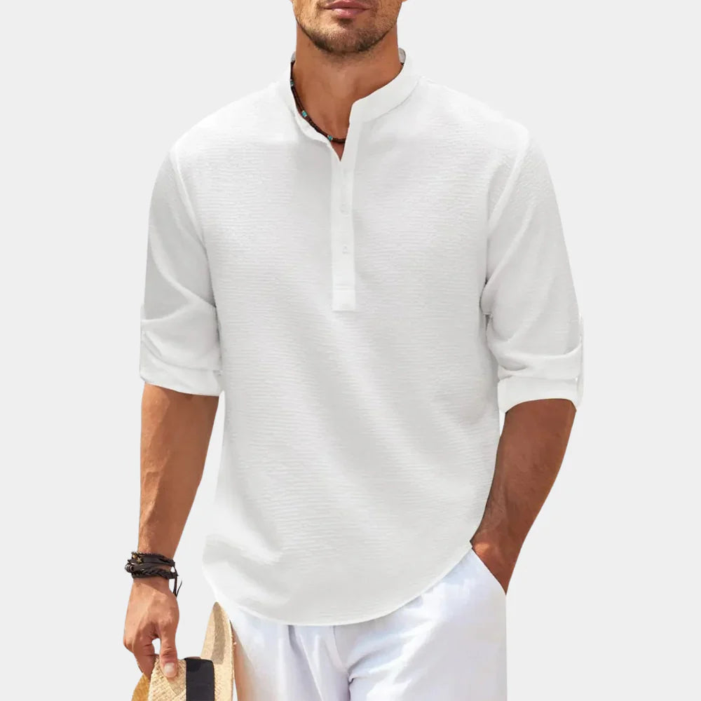 Men’s Casual Shirt – Relaxed Fit – Mandarin Collar – Rolled Sleeves – Natural Fibers
