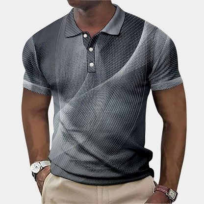 Men’s Polo Shirt – Tailored Fit – Soft Knit – Geometric Print – Ribbed Collar