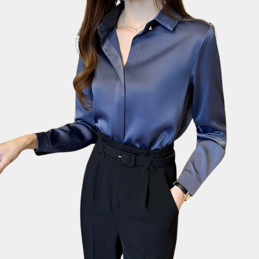 Women's Satin Blouse - Elegant Button-Down - Long Sleeve Collared Shirt