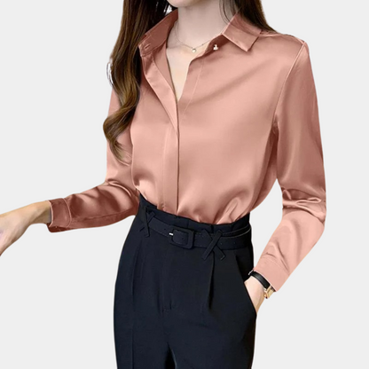 Women's Satin Blouse - Elegant Button-Down - Long Sleeve Collared Shirt