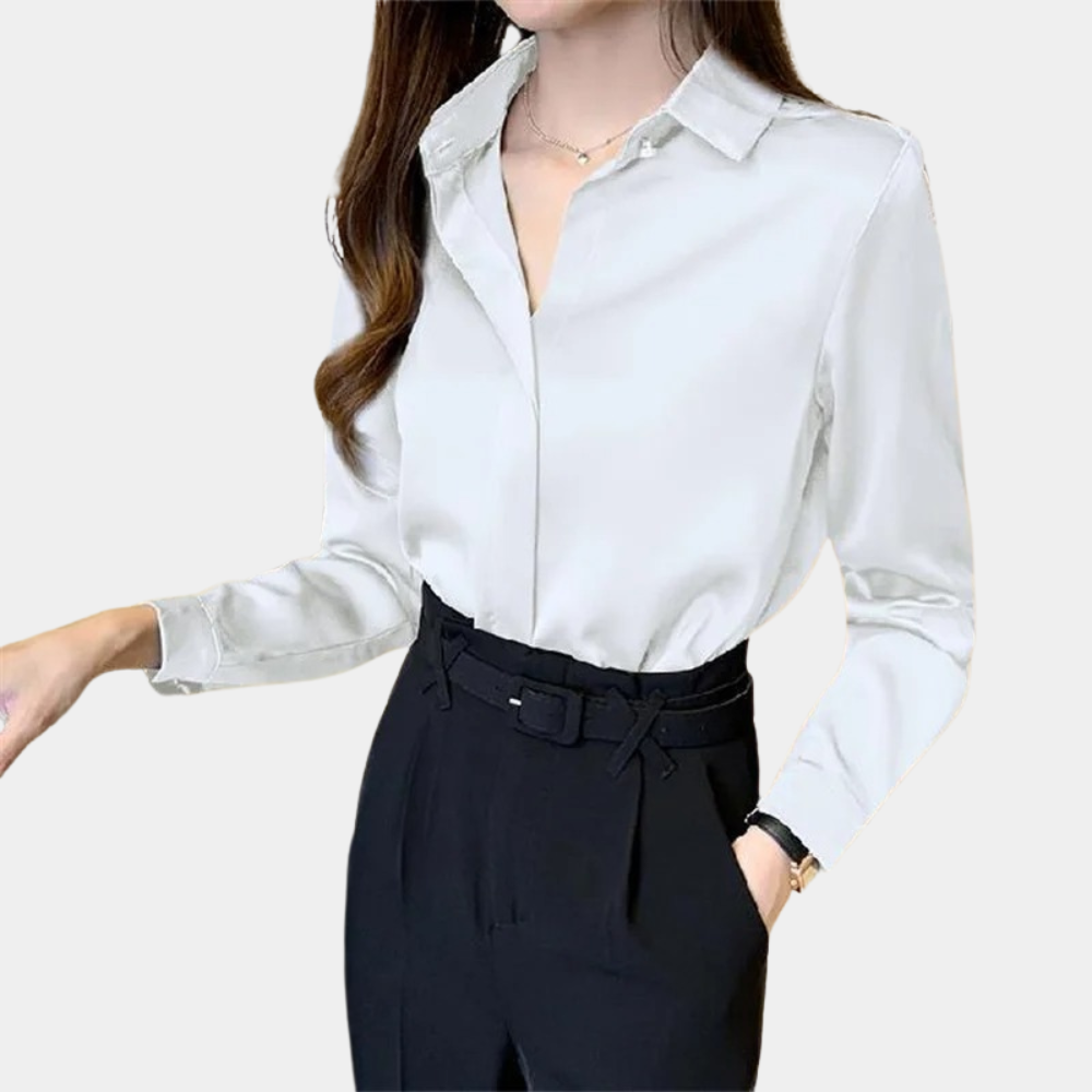 Women's Satin Blouse - Elegant Button-Down - Long Sleeve Collared Shirt