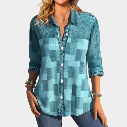 Women's Button-Down Shirt - Patchwork Pattern - 3/4 Sleeves - Classic Collar Casual Fit