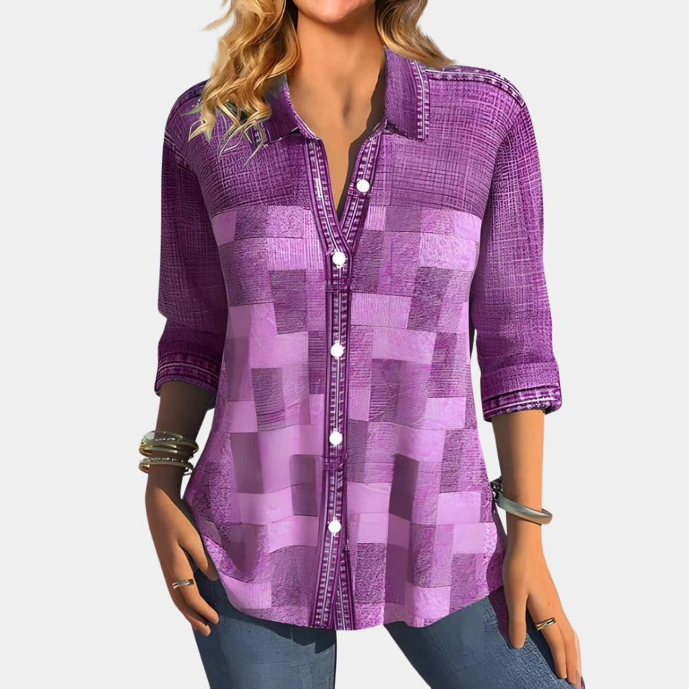 Women's Button-Down Shirt - Patchwork Pattern - 3/4 Sleeves - Classic Collar Casual Fit