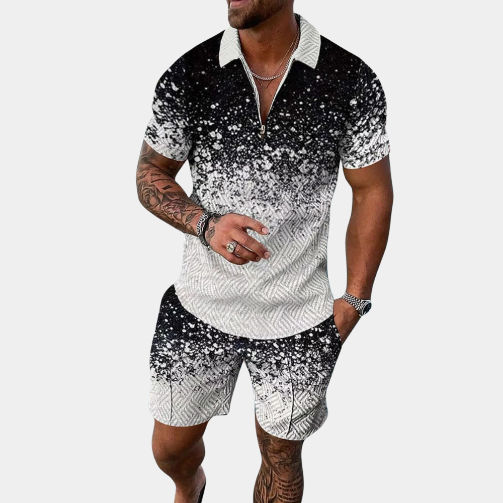 Men’s 2 Piece Set - Geometric Pattern - Zip Closure - Short Sleeve Stylish Design