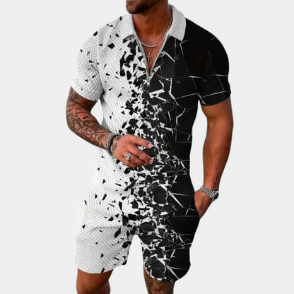 Men’s 2 Piece Set - Geometric Pattern - Zip Closure - Short Sleeve Stylish Design