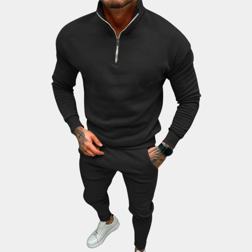 Men's Black Jogging Suit - All-Season Athleisure, Breathable, Slim Fit