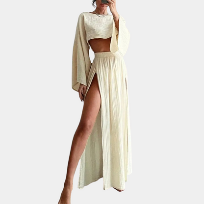 Women's Two-Piece summer Set - Crop Top & Maxi Skirt - High-Waist - High-Slit - Flowy Fit