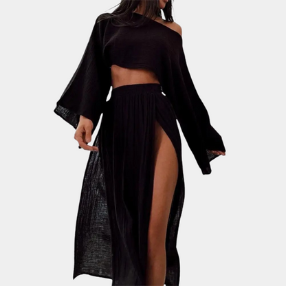 Women's Two-Piece summer Set - Crop Top & Maxi Skirt - High-Waist - High-Slit - Flowy Fit