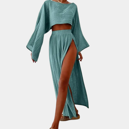 Women's Two-Piece summer Set - Crop Top & Maxi Skirt - High-Waist - High-Slit - Flowy Fit