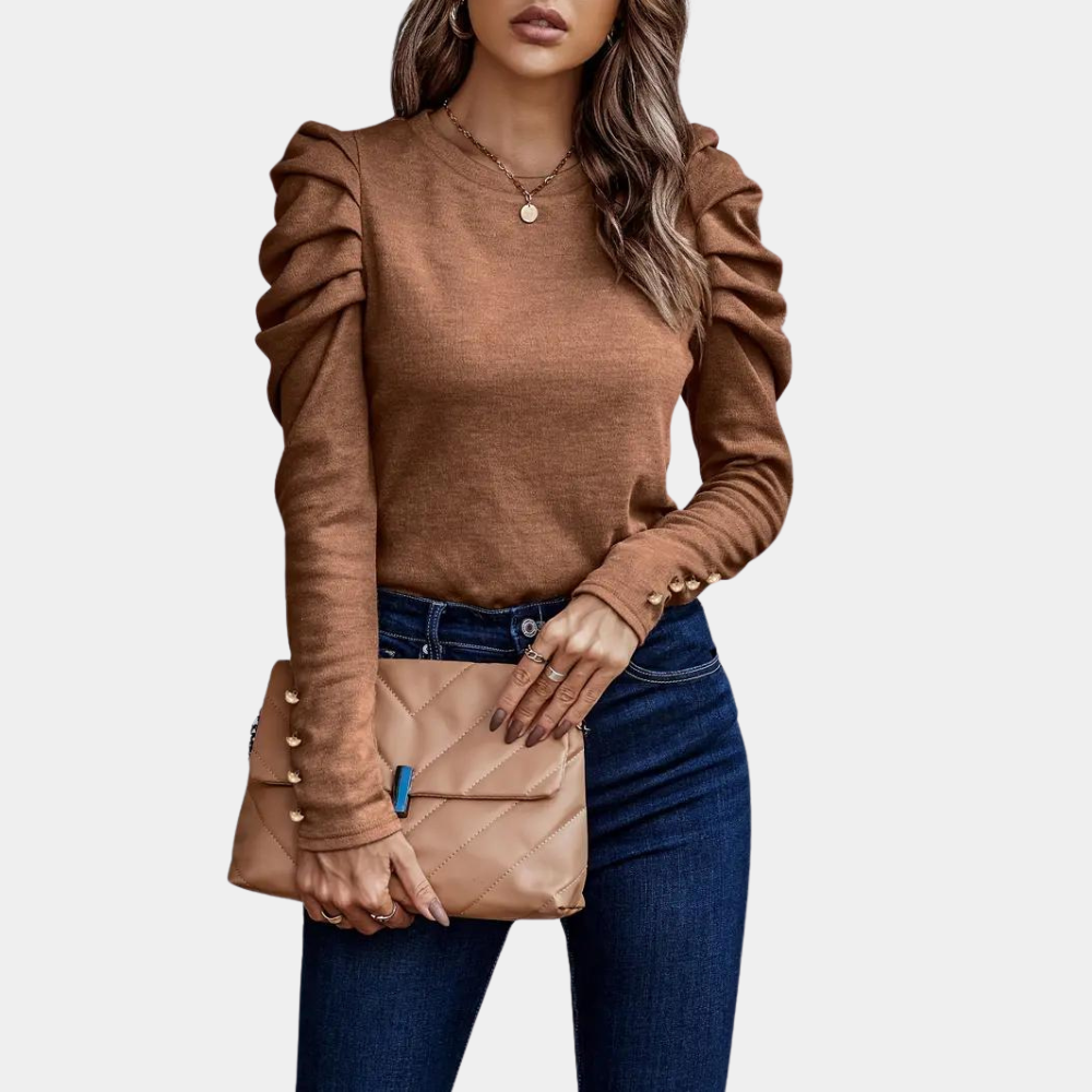 Women's Blouse - Puff Sleeve - Round Neck - Button Cuff - Elegant Fitted Design
