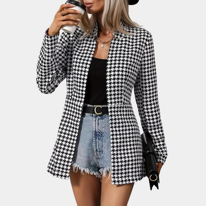 Women's Houndstooth Blazer - Longline Open Front - Structured Collar - Smart Casual Wear