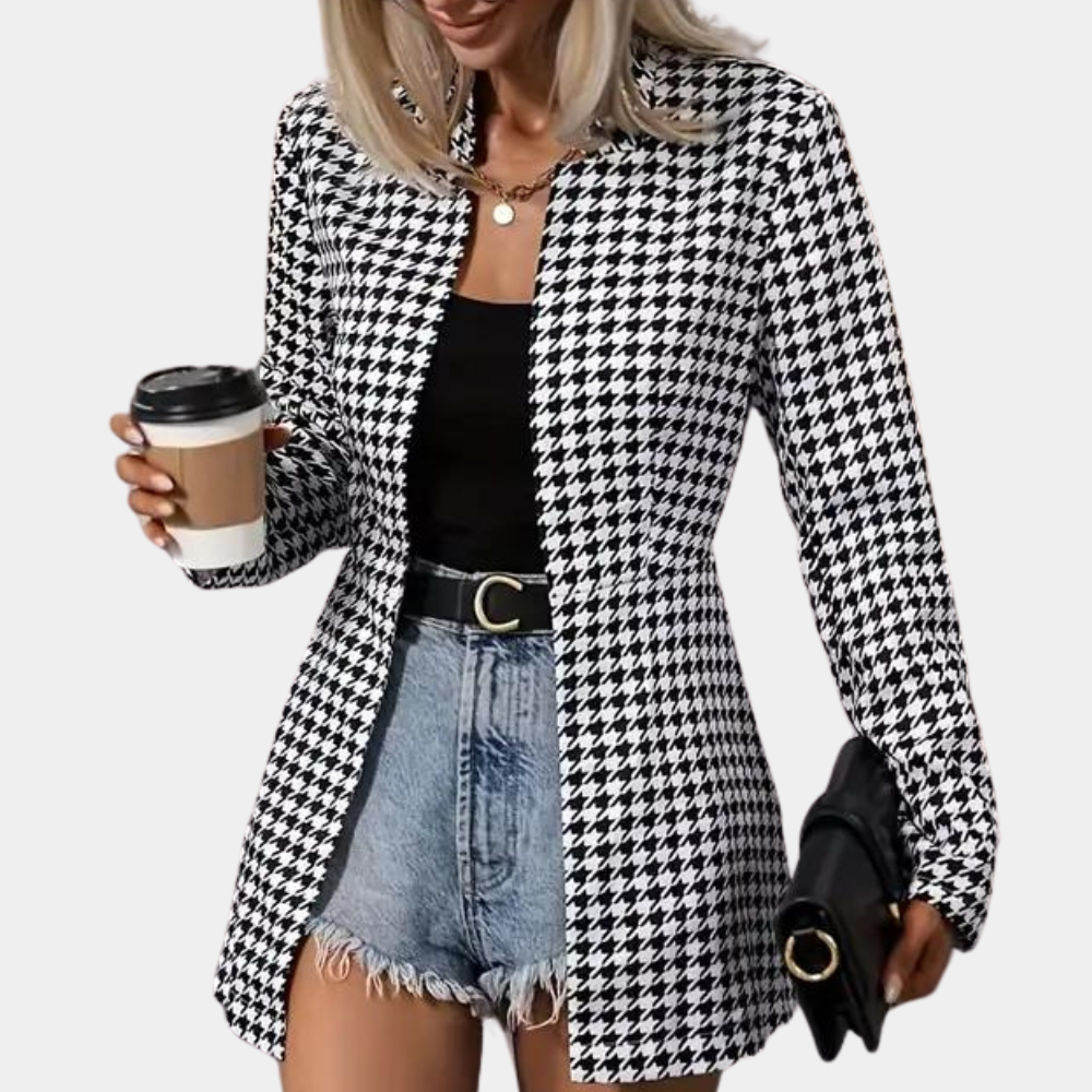 Women's Houndstooth Blazer - Longline Open Front - Structured Collar - Smart Casual Wear