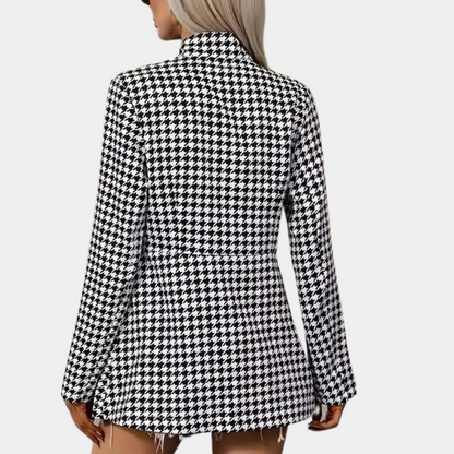 Women's Houndstooth Blazer - Longline Open Front - Structured Collar - Smart Casual Wear