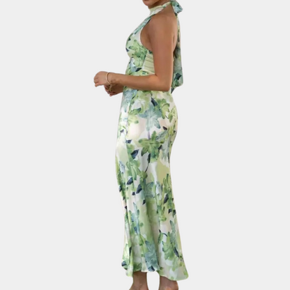 Women's Halter Neck Dress - Floral Print - Sleeveless Midi - Elegant & Lightweight