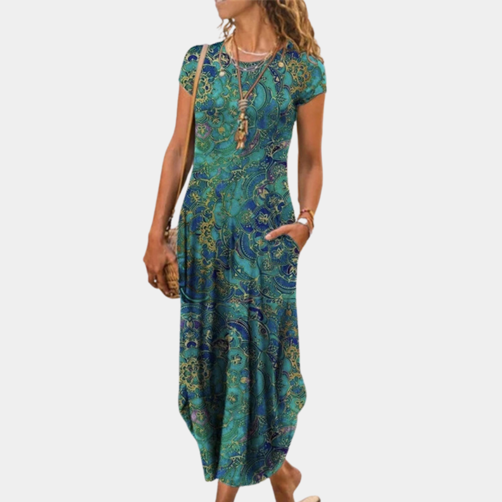 Women’s Midi Dress – Relaxed Fit – Short Sleeve – Side Pockets – Breathable Blend