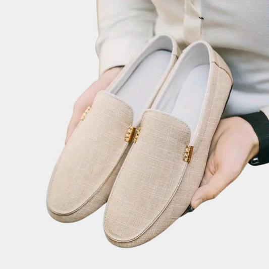 Men’s Loafers – Slip-On – Woven Texture – Breathable Blend – Metal Detail – Minimalist Style
