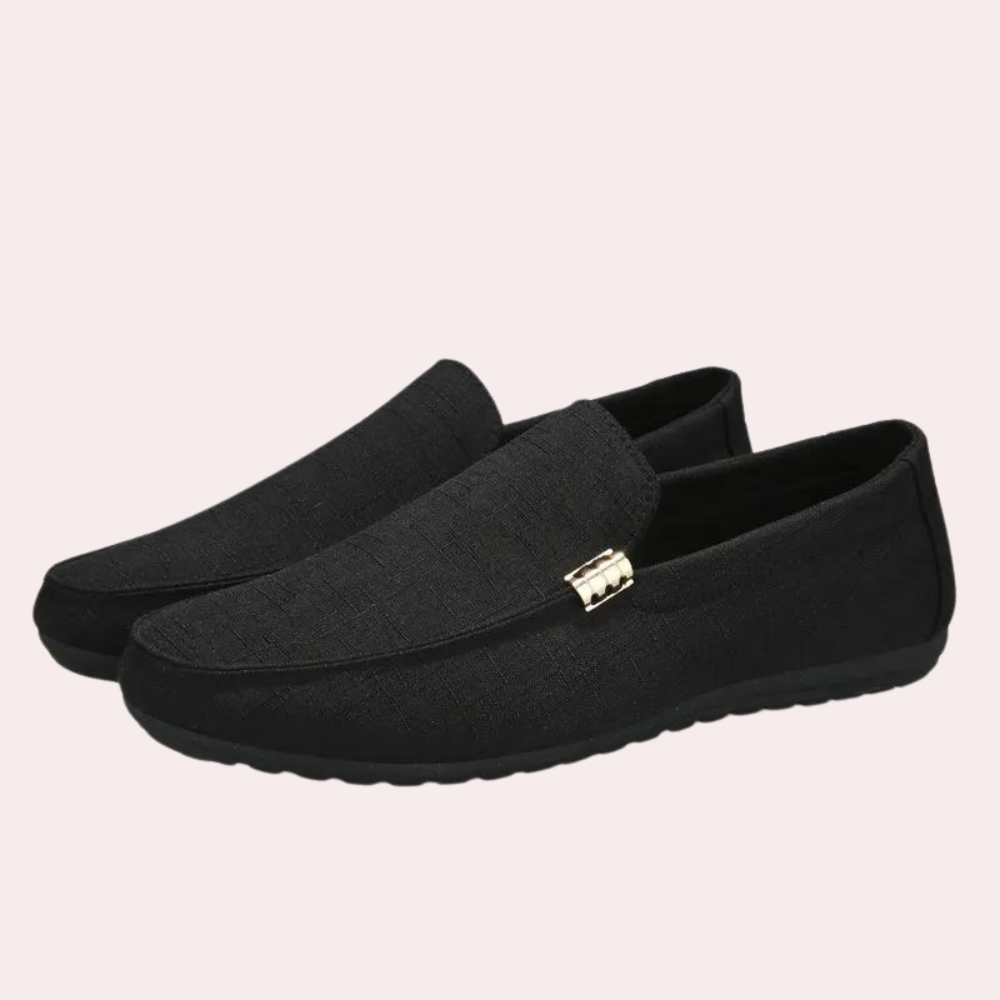 Men’s Loafers – Slip-On – Woven Texture – Breathable Blend – Metal Detail – Minimalist Style