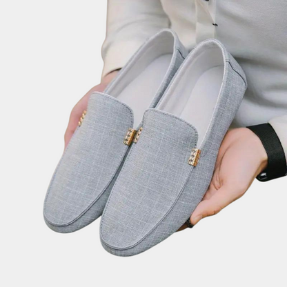 Men’s Loafers – Slip-On – Woven Texture – Breathable Blend – Metal Detail – Minimalist Style