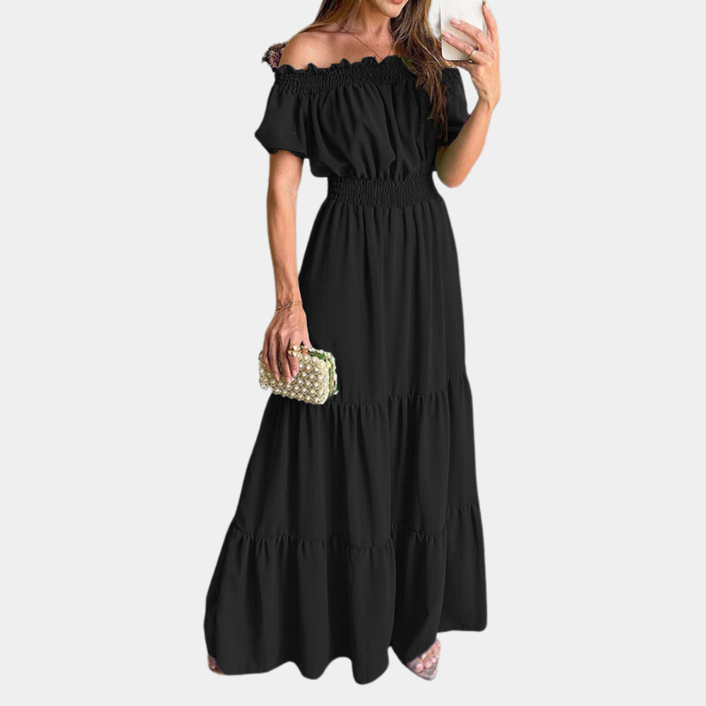 Women’s Maxi Dress – Off-Shoulder – Tiered Design – Elastic Waist – Short Sleeve
