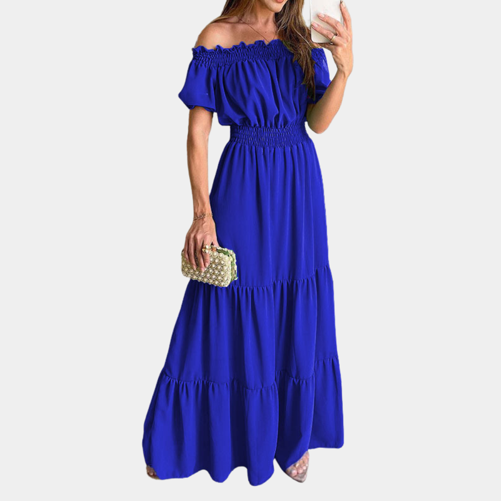 Women’s Maxi Dress – Off-Shoulder – Tiered Design – Elastic Waist – Short Sleeve