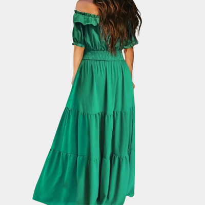Women’s Maxi Dress – Off-Shoulder – Tiered Design – Elastic Waist – Short Sleeve