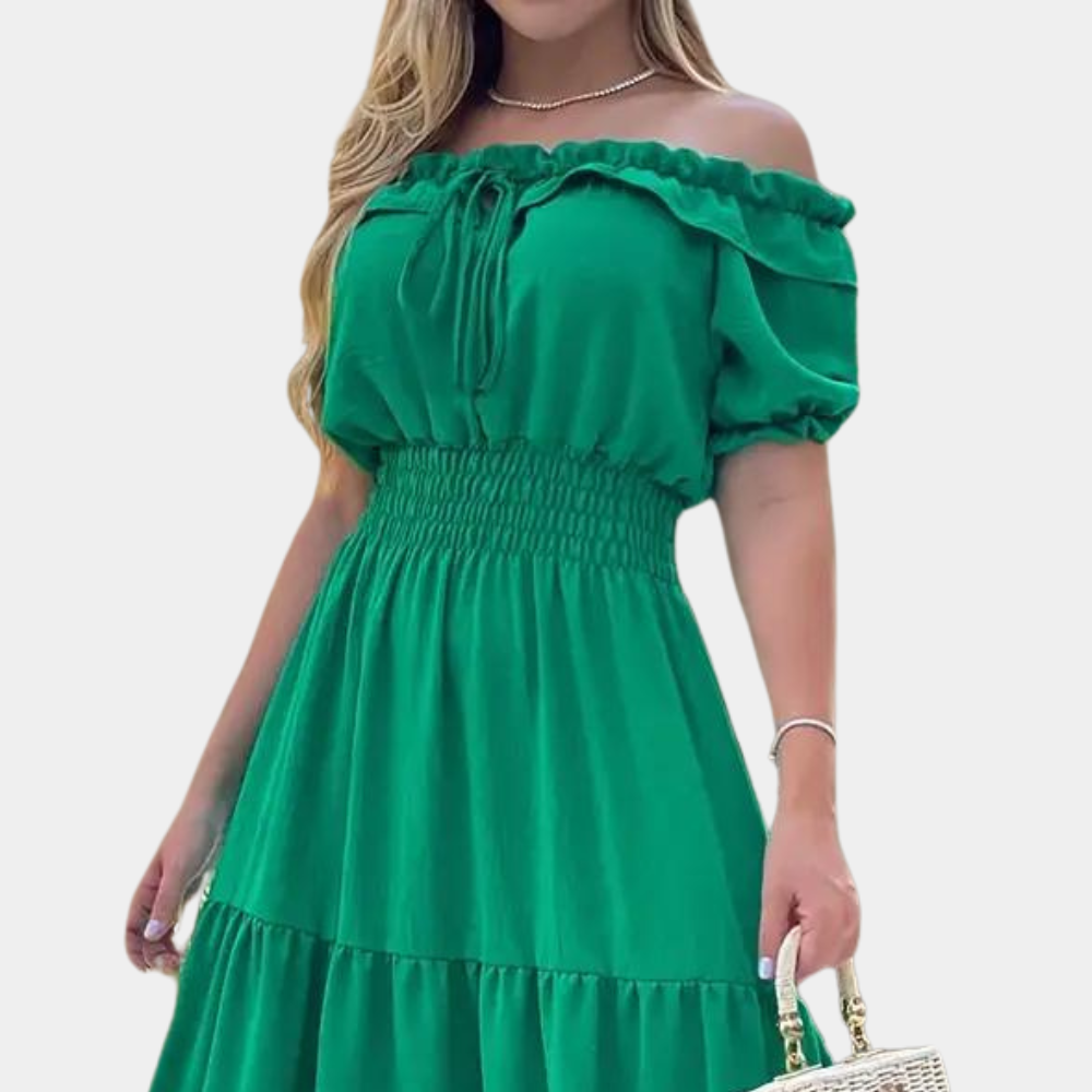 Women’s Maxi Dress – Off-Shoulder – Tiered Design – Elastic Waist – Short Sleeve