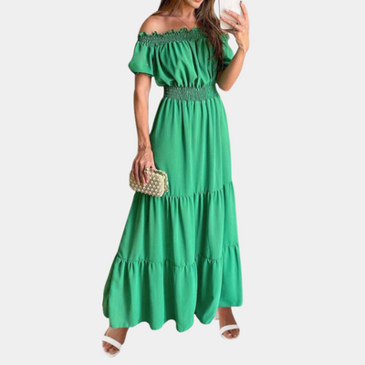 Women’s Maxi Dress – Off-Shoulder – Tiered Design – Elastic Waist – Short Sleeve