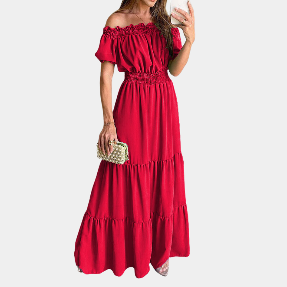 Women’s Maxi Dress – Off-Shoulder – Tiered Design – Elastic Waist – Short Sleeve