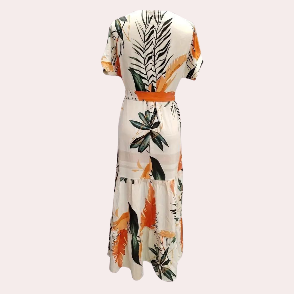 Women's Maxi Dress - Floral Print - Belted Waist - Tiered Hem - Short Sleeves