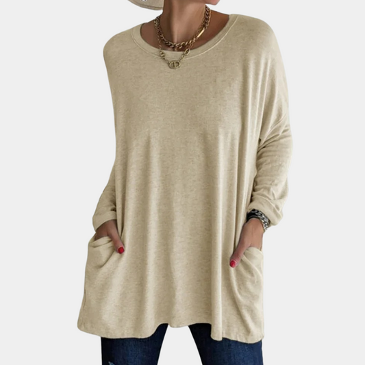 Women's Oversized Sweater - Lightweight Knit - Round Neck - Long Sleeve - With Pockets