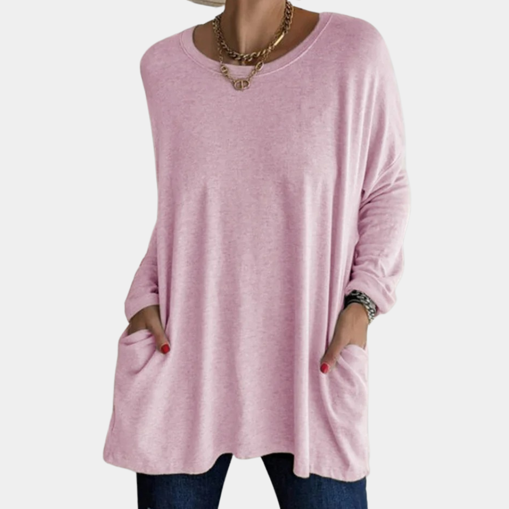 Women's Oversized Sweater - Lightweight Knit - Round Neck - Long Sleeve - With Pockets