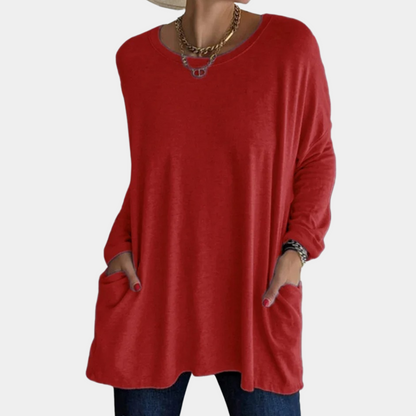 Women's Oversized Sweater - Lightweight Knit - Round Neck - Long Sleeve - With Pockets