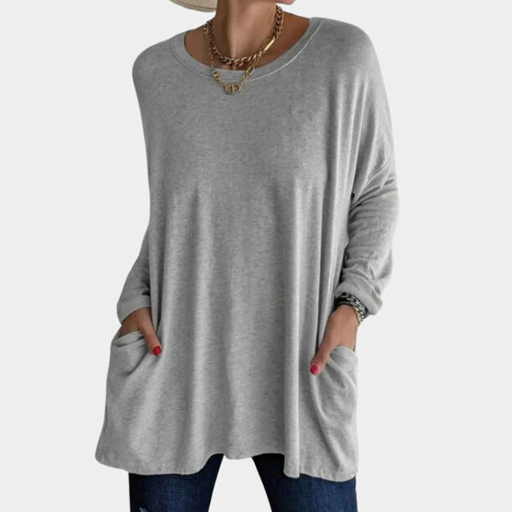 Women's Oversized Sweater - Lightweight Knit - Round Neck - Long Sleeve - With Pockets