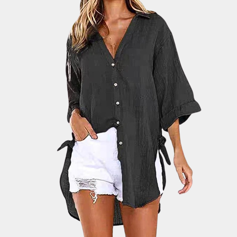 Women's Oversized Button-Up Shirt - Lightweight Cotton/Linen - Long Sleeve - Relaxed Fit