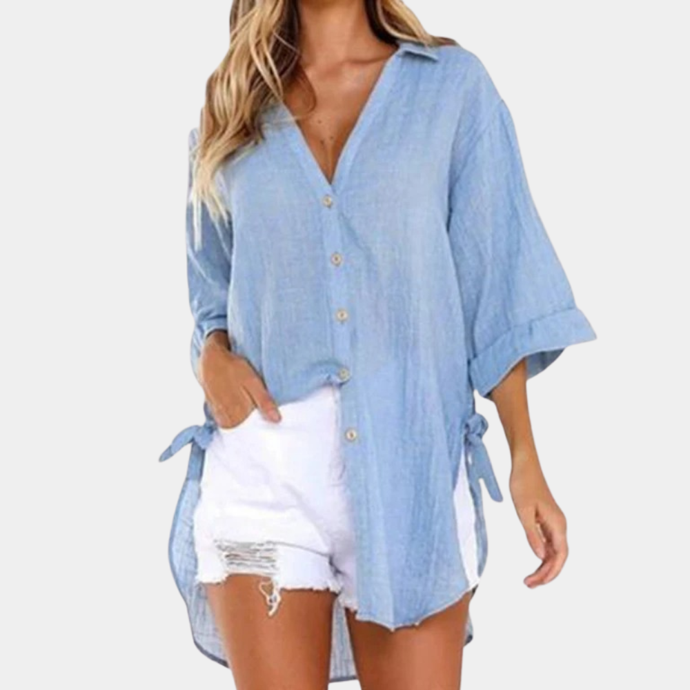 Women's Oversized Button-Up Shirt - Lightweight Cotton/Linen - Long Sleeve - Relaxed Fit