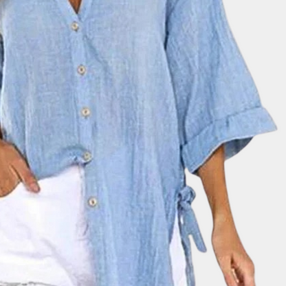 Women's Oversized Button-Up Shirt - Lightweight Cotton/Linen - Long Sleeve - Relaxed Fit