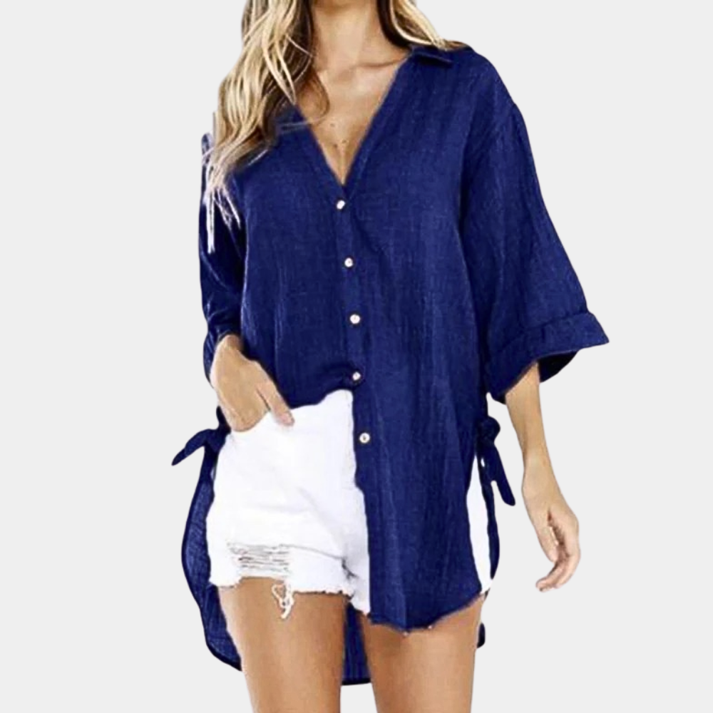 Women's Oversized Button-Up Shirt - Lightweight Cotton/Linen - Long Sleeve - Relaxed Fit