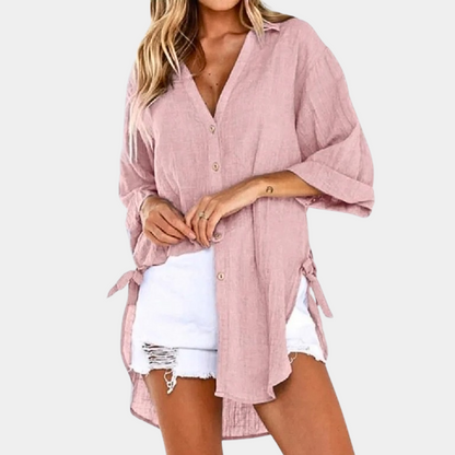 Women's Oversized Button-Up Shirt - Lightweight Cotton/Linen - Long Sleeve - Relaxed Fit