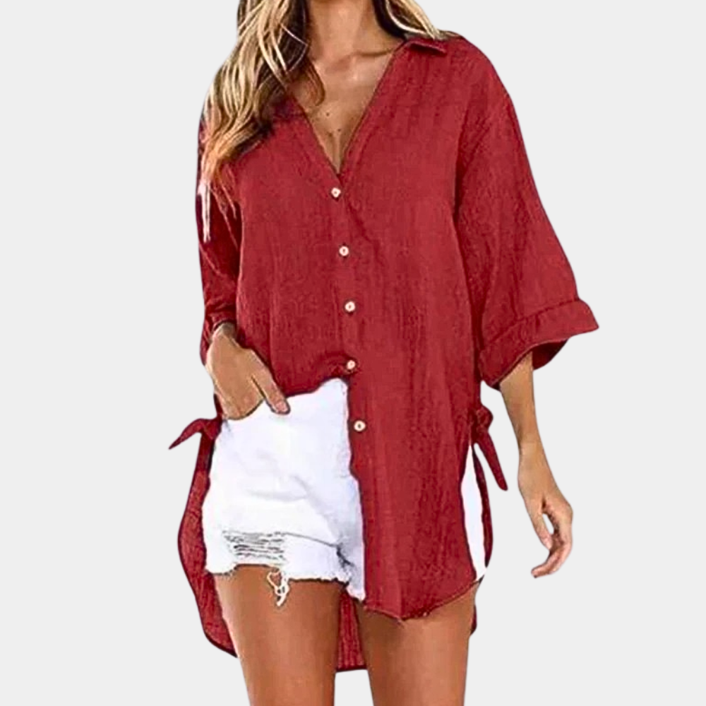 Women's Oversized Button-Up Shirt - Lightweight Cotton/Linen - Long Sleeve - Relaxed Fit