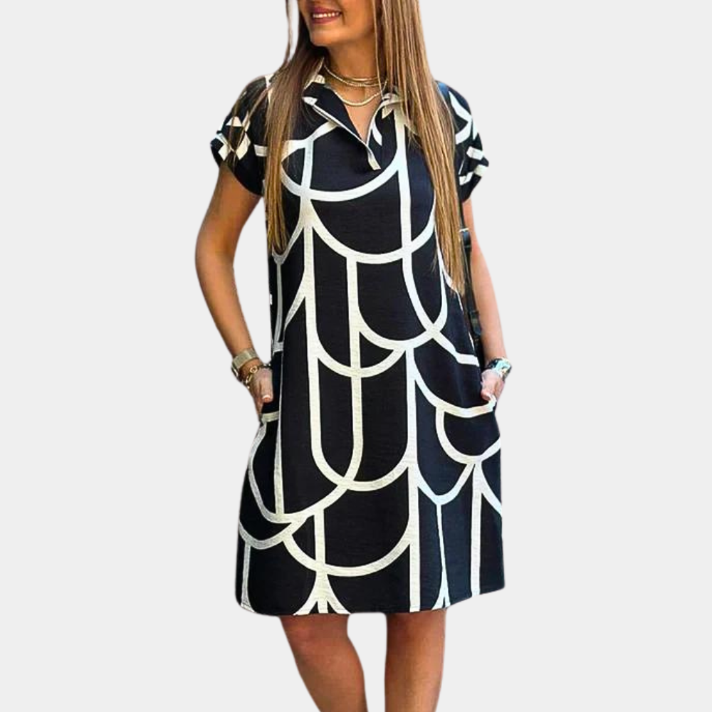 Women's A-Line Dress - Geometric Pattern - Short Sleeve - Collared Neck - Casual Fit